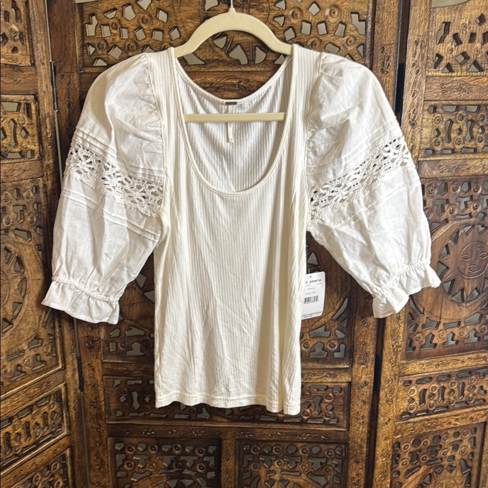 Free People White Puff Sleeve Ruffled Blouse